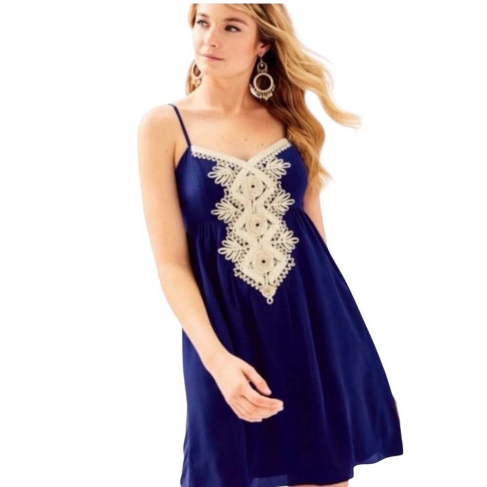 Lily Pulitzer Kelsea 100% Silk Navy Blue Gold Metallic Embroidered Dress Size 2